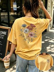 Women's Summer/Autumn Pure Cotton Distressed Washed T-Shirt, Floral Print, Casual Loose Fit - Golden - View 4