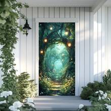 2D Door Curtain Banner, 1pc Magic Forest Tree Hollow Design Polyester Doorway Curtain, Multi-Purpose No-Plug Doorway Banner, Universal Door Cover Backdrop Banner - Multicolor - View 3