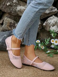 Lace Mesh Upper Structure, Breathable For Spring And Summer Wear; Light Beige Skin-Friendly Soft Padding Lining, Relieves Fatigue From Long Walks; Design With Metal Adjustable Buckle, Fits Different Foot Heights. - Pink - View 6
