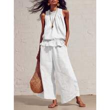 New Summer Casual Linen Two-Piece Women's Sleeveless Ruffled Wide-Legged Pants Suit - 白色 - 查看 3