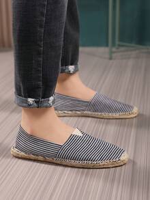 Men's Striped Woven Sole Slip-On Casual Flat Shoes, Breathable Lightweight Summer Fisherman Shoes - Black - View 3