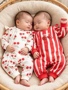 2pcs Cute Cherry Striped Print Beige And Red Long Sleeve Jumpsuit Set, Suitable For Baby Girls, Comfortable Fabric, Suitable For Spring, Autumn And Winter - Multicolor - View 2