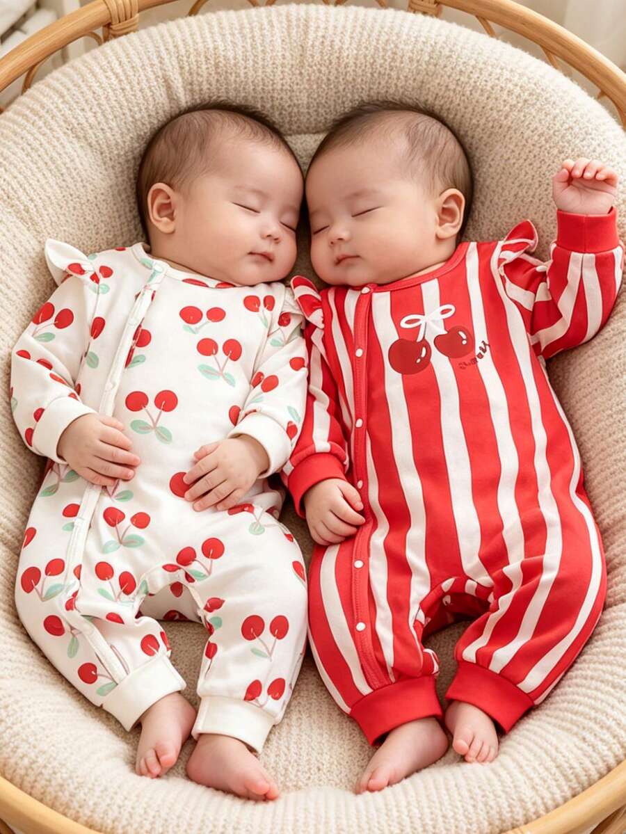 2pcs Cute Cherry Striped Print Beige And Red Long Sleeve Jumpsuit Set, Suitable For Baby Girls, Comfortable Fabric, Suitable For Spring, Autumn And Winter - Multicolor - View 1