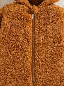Girls' Casual Fashion Cartoon Embroidered Standing Ear Design Zipper Long Sleeve One-Piece Fleece Double-Sided Plush Jumpsuit For Autumn/Winter - Brown - View 9