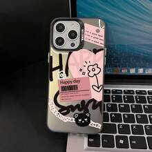 Handyhülle: Kreative und stilvolle rosa Handyhülle mit schwarzem Buchstaben-Graffiti-Herz-Anhänger-Muster und schwarzem Lasereffekt, geeignet für Apple 16 15 14 13 12 11 XS XR X 8 7 Mini Plus Pro Max SE Serie, Halloween-Geschenk, Ostergeschenk - Durchscheinend schwarz - Übersicht 2