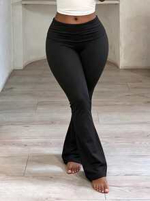 Legging Flare Warna Polos Serbaguna Kasual Olahraga Ukuran Plus Wanita - Hitam pekat - View 3
