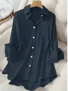 Plus Size Women's Casual Shirt, Made Of Soft And Comfortable Fabric With Slight Stretch, Loose Fit, Suitable For Spring/Summer Wear, Layering Or Daily, Office, Work, Vacation Occasions - Blue-gray - View 9