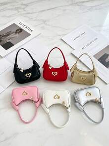 Sweet Girl Heart Metal Decor Mini Handbag, Zipper Closure Solid Color Rabbit Ear Design Versatile Lipstick Coin Purse, Suitable For Daily Use - A - View 1