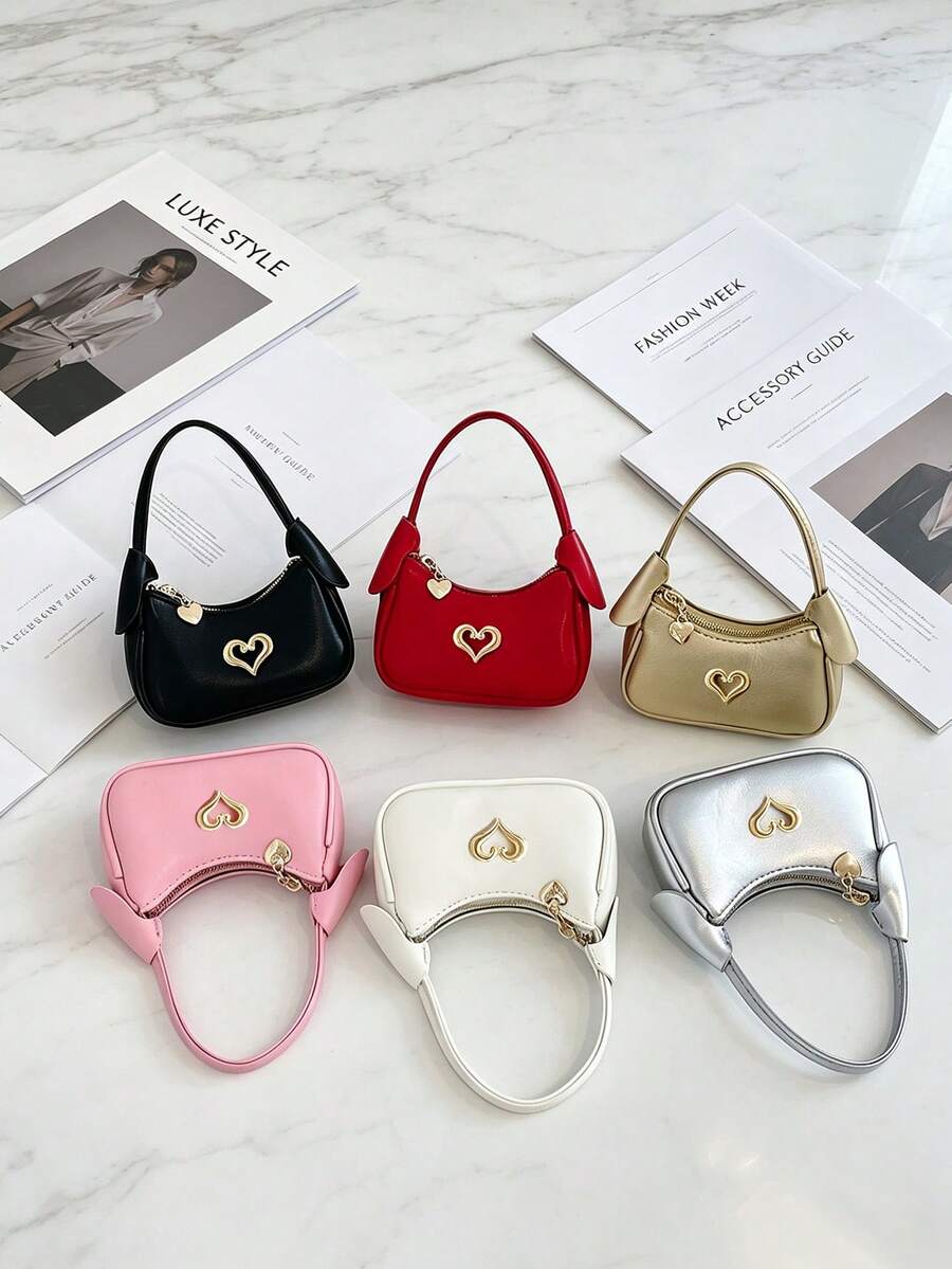 Sweet Girl Heart Metal Decor Mini Handbag, Zipper Closure Solid Color Rabbit Ear Design Versatile Lipstick Coin Purse, Suitable For Daily Use - A - View 1