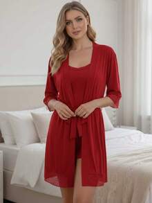 Kit Robe Short Doll Feminino Confortável Descanso Renda Pijama Dormir Alcinha Verão Noite - Vermelho - Visão 1