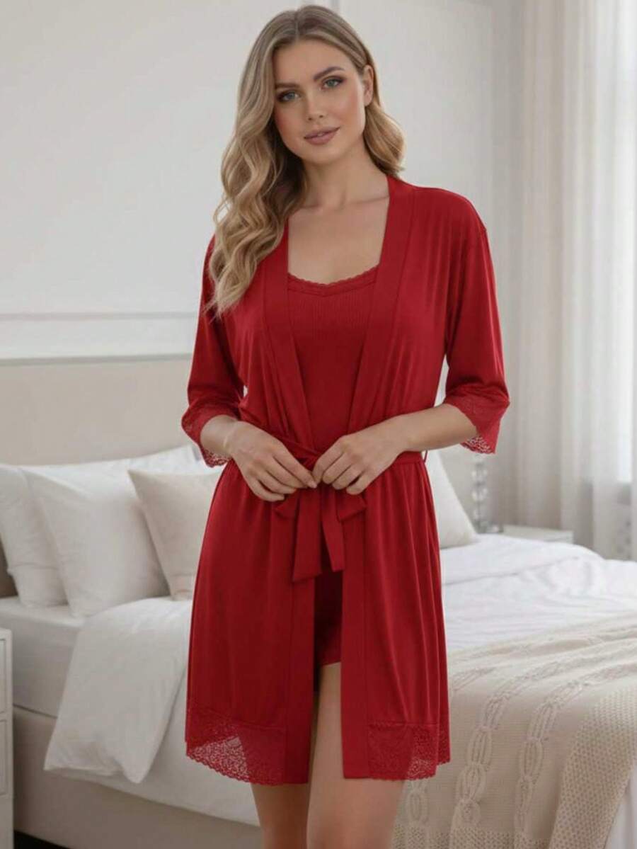 Kit Robe Short Doll Feminino Confortável Descanso Renda Pijama Dormir Alcinha Verão Noite - Vermelho - Visão 1