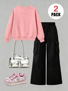 Girls 2 Pieces Set, Includes 1 Heart Print Crew Neck Long Sleeve Sweatshirt And 1 Cargo Pants, Soft Fabric Casual Outfit - Multicolor - View 2