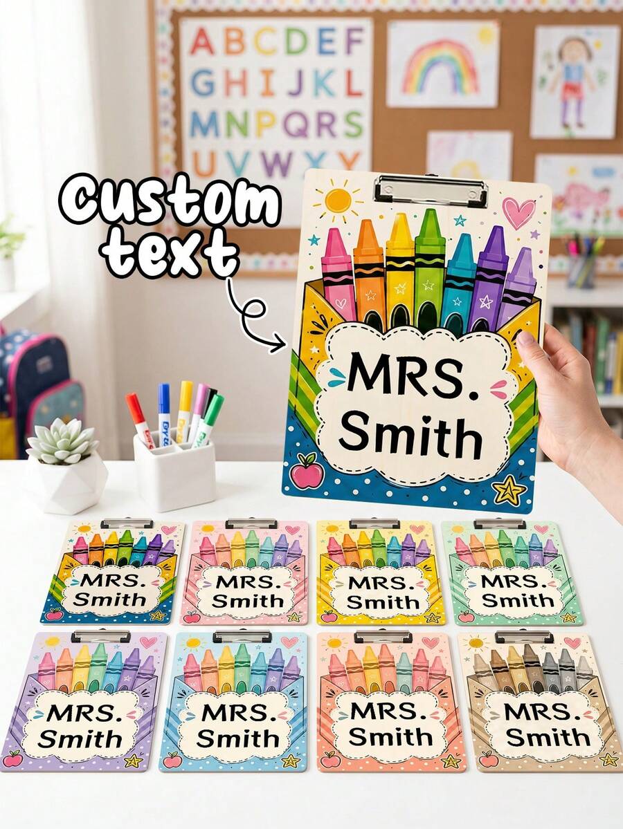1pc Custom Teacher Name Rainbow Crayon Box Clipboard, Personalized Cute Apple Sun Girly Writing Board, Teacher Appreciation Gift,Back To School,Office Desk Decor,Teacher Gift - Multicolor - View 1