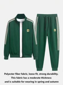Conjunto de sudadera y pantalones casuales de ajuste holgado con bloques de color contrastante, ropa de otoño para hombres - Verde Oscuro - Ver 3