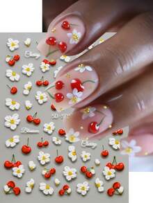 5D Embossed Elegant Cherry Fruit & Daisy Nail Stickers Cute White Flowers Nail Decals Self-Adhesive Nail Decor For Summer DIY Manicure Wedding Season Bridal Salon Nail Art Supplies - Multicolor - View 3
