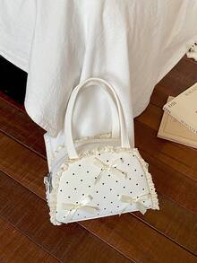 Bolso bandolera con lazo decorativo, encaje, volantes y lunares - Beis - Ver 5