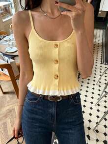 Women's Yellow Ribbed Knit Camisole, Tie-Front Ruffle Trim Camisole, Casual Cropped Tank Top For Summer - Yellow - View 5