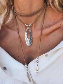 1pc Minimalist Fashion Geometric Hollow Pendant Long Necklace, Vintage Style Movable Rice Bead Necklace, Suitable For Women's Daily Commute, Dating, Shopping, Party, Best Valentine's Day Gift For Women - Style 1 - View 4