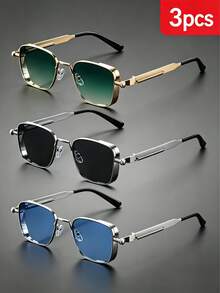 2026 New 1-3 Pairs Men's Square Frame Gold/Silver Retro Steampunk Metal Frame Fashion Glasses, Suitable For Old Money Style, Events, Parties, Holidays - Multicolor - View 3