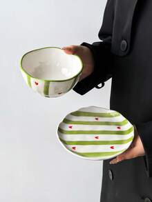 1 Set Classic Hand-Painted Striped Heart Ceramic Tableware Set, Highly Attractive Personalized Creative Ceramic Bowls For Home Use, Paired With 6-Inch Asymmetrical Hand-Molded Bone Plate, Combination Tableware, Dishwasher , Commercial Use - Multicolor - View 8