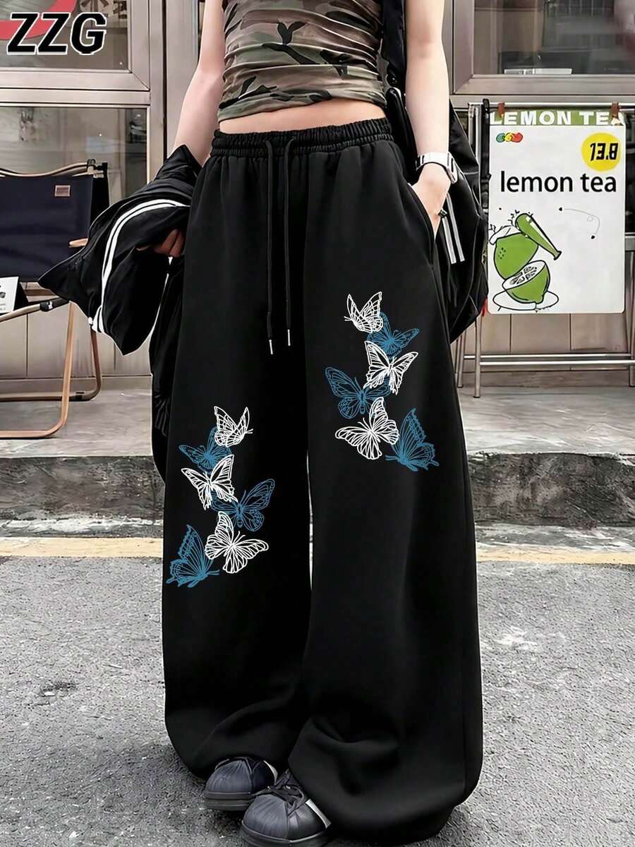 ZZG 春夏女款趣味「蝴蝶」個性圖案印花街頭風黑色前口袋簡約日常直筒長褲 - 黑色 - 查看 1