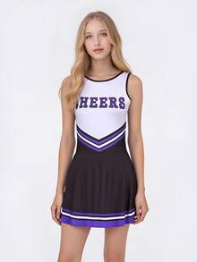 無袖喇叭袖「Cheers」啦啦隊服裝 黑色，對比飾邊，球衣式美式足球跑步運動裝，運動風萬聖節服裝 秋季 - 彩色 - 查看 5