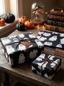 10/1 Hoja Papel de Seda para Envolver Regalos con Patrón de Fantasma Lindo de Halloween, Papel de Manualidades Negro & Blanco Espeluznante para Decoración de Fiestas, Envolver Cajas de Regalos, Envolver Ramos, Suministros DIY para Fiestas - multicolor - Ver 2