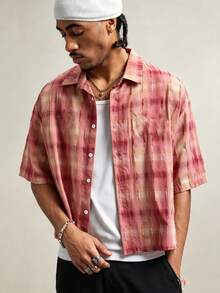 Men's Pink Plaid Drop Shoulder Cropped Shirt, Casual Loose Short Sleeve Textured Button Up Shirt With Chest Pocket - Red - View 6