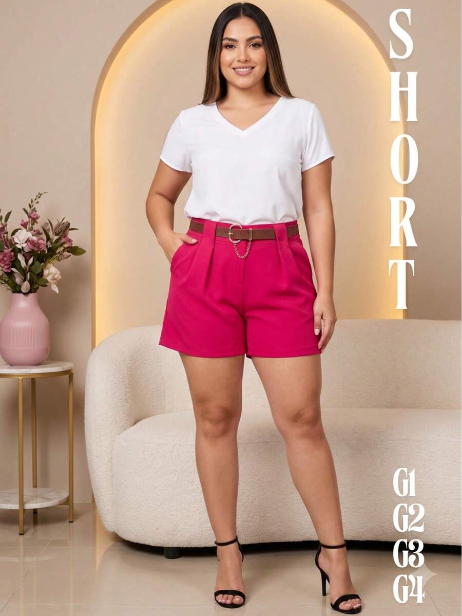 Short Plus Size Social Tailoring With Elegant Belt High Waist - Hot Pink - View 1