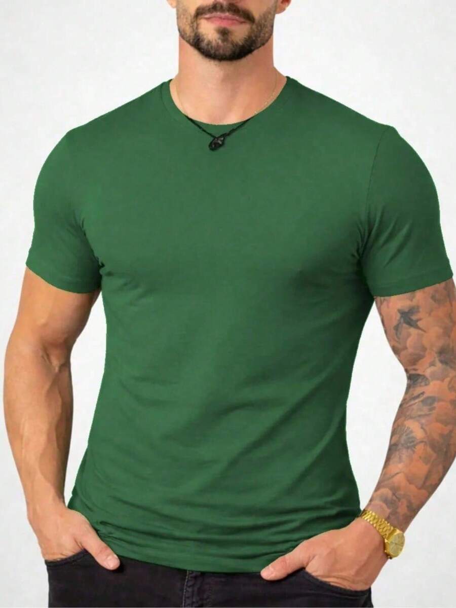 Men's Basic T-Shirt, Plain Cotton, Premium Peruvian Knit - 綠色 - 查看 1