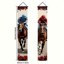 2D 1pc Horse Racing Rose Theme Red Couplet, Galloping Horse Pattern, Suitable For Sports Event Party Decoration, Door Banner, Polyester Fabric - Multicolor - View 6