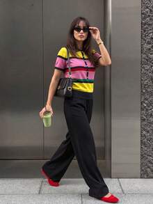 FOR BEAUTY 夏季 Y2K 女款多色條紋針織 POLO 短袖前開扣羅紋套頭上衣，學院風休閒街頭日常外套，美學風格 - 彩色 - 查看 3