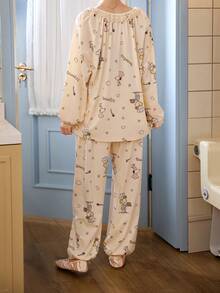 Gongdie 2 Pieces Snoopy Women Pajama Set,Spring Fall Soft Modal Cotton With Lace Trim And Elasticized Cuffs Loungewear - Apricot - View 6