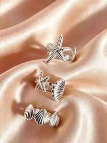 3pcs Ocean Vacation Style Stainless Steel Starfish Ring Set, Suitable For Daily Wear, Party, Gathering, Holiday Gift - Ring - View 3