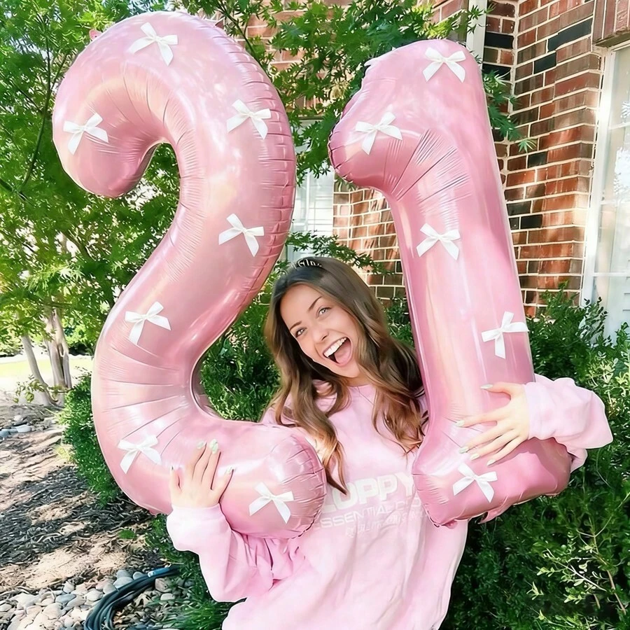 1 Pc 32-Inch Pearlescent Pink Number Foil Balloon & 5 Pcs White Bow Combination Set, Suitable For Wedding, Birthday, Anniversary, Graduation, Valentine's Day, Christmas Party Decoration - Pink - View 1