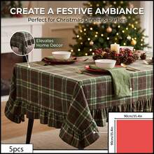 1pc Brown Green Beige Classic Scottish Plaid Tablecloth, Natural Vintage Style Fabric, Rectangular With Ruffle Edge And Pleated Detail, Decorative And Functional For Home Long Table, Suitable For Christmas, Family Dinner, Party And Winter Holiday Home Decor - Dark Green - View 18