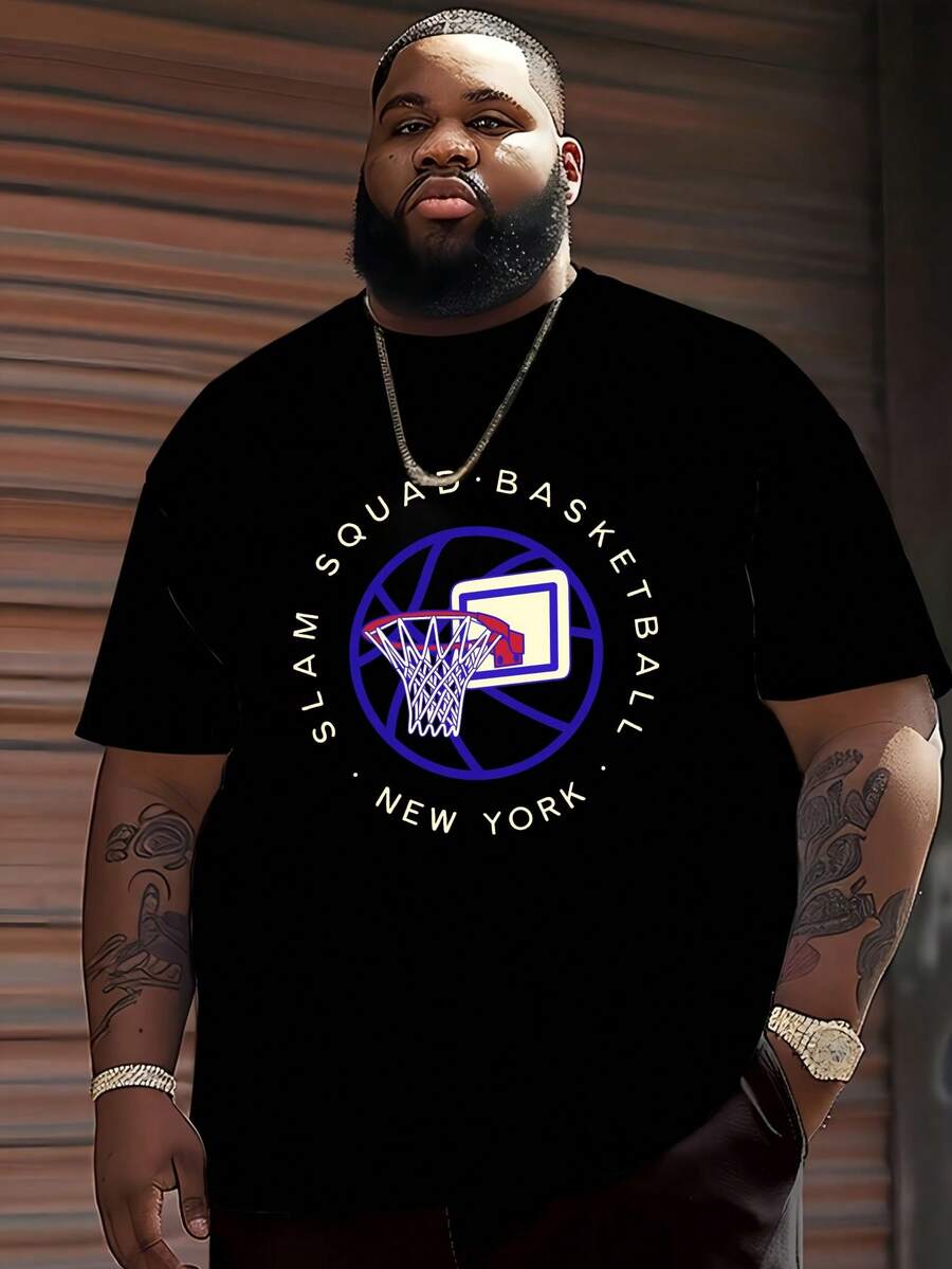 Camiseta de Talla Grande para Hombre, Estilo Casual Urbano, Diseño Gráfico Slam Squad Basketball New York, Moda Verano Y2K, Regalo para Pesca al Aire Libre, para Fanáticos del Baloncesto y E - Negro - Ver 1
