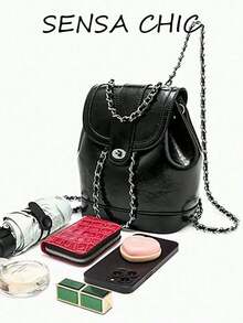 Black Shiny Bucket Backpack, Adjustable Interwoven Chain Straps Multi-Way Wear Crossbody Bag With Flap Pocket For Women Daily Commute - Black - View 3