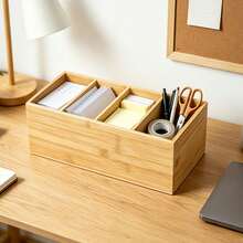 4 Grid Bamboo Desktop Storage Caddy, Two Styles Sloped & Flat Divided Bamboo Organizer Box, Space Saving Desk Storage Holder For Pens Stationery Remote Controller Office Supplies Bedroom Sundries Sorting Container - Khaki - View 9