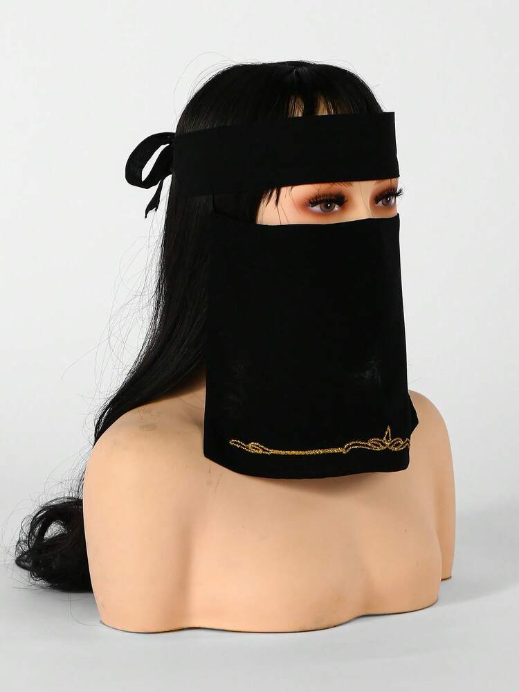 1件裝女款蕾絲愛心與金色潑墨圖案素色尼卡布，輕量透氣綁帶式面罩，簡約時尚百搭面罩 - 黑色-花邊灑金 - 查看 9