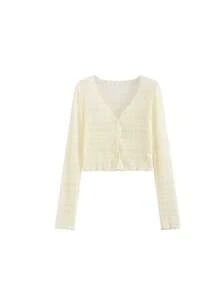 Korean Solid Color Textured 3D Pleated Bubble Lace Sun Protection Short Cardigan Top - Apricot - View 5