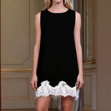 New Satin Collage Lace Cutout Lace Hem Dress Peplum Tank Dresses - 黑色 - 查看 1