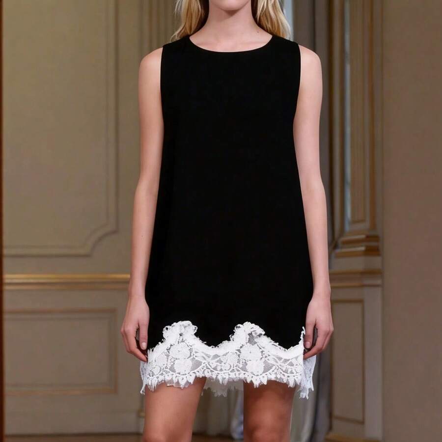 New Satin Collage Lace Cutout Lace Hem Dress Peplum Tank Dresses - 黑色 - 查看 1