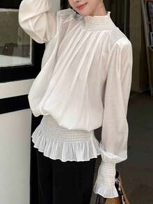 Korean Style Olive Green Half-Neck Pullover Blouse, Long Sleeve Loose Fit Shirt White - White - View 5