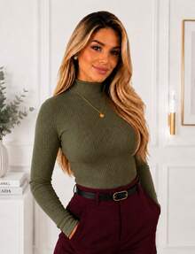 Women's Ribbed Mock Neck Long Sleeve Base Layer Top Elegant Basic Casual Gift - Green - View 2