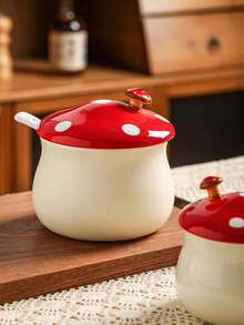 Pote de Tempero em Formato de Cogumelo com Tampa de Colher, Recipiente de Armazenamento de Pimenta em Pó com Colher, Pote de Especiarias para Cozinha Doméstica, Recipiente de Armazenamento de Banha com Tampa, Adequado para Casa, Restaurante, Café, Loja de Doces, Presente, Festa, Reunião - Vermelho - Visão 7