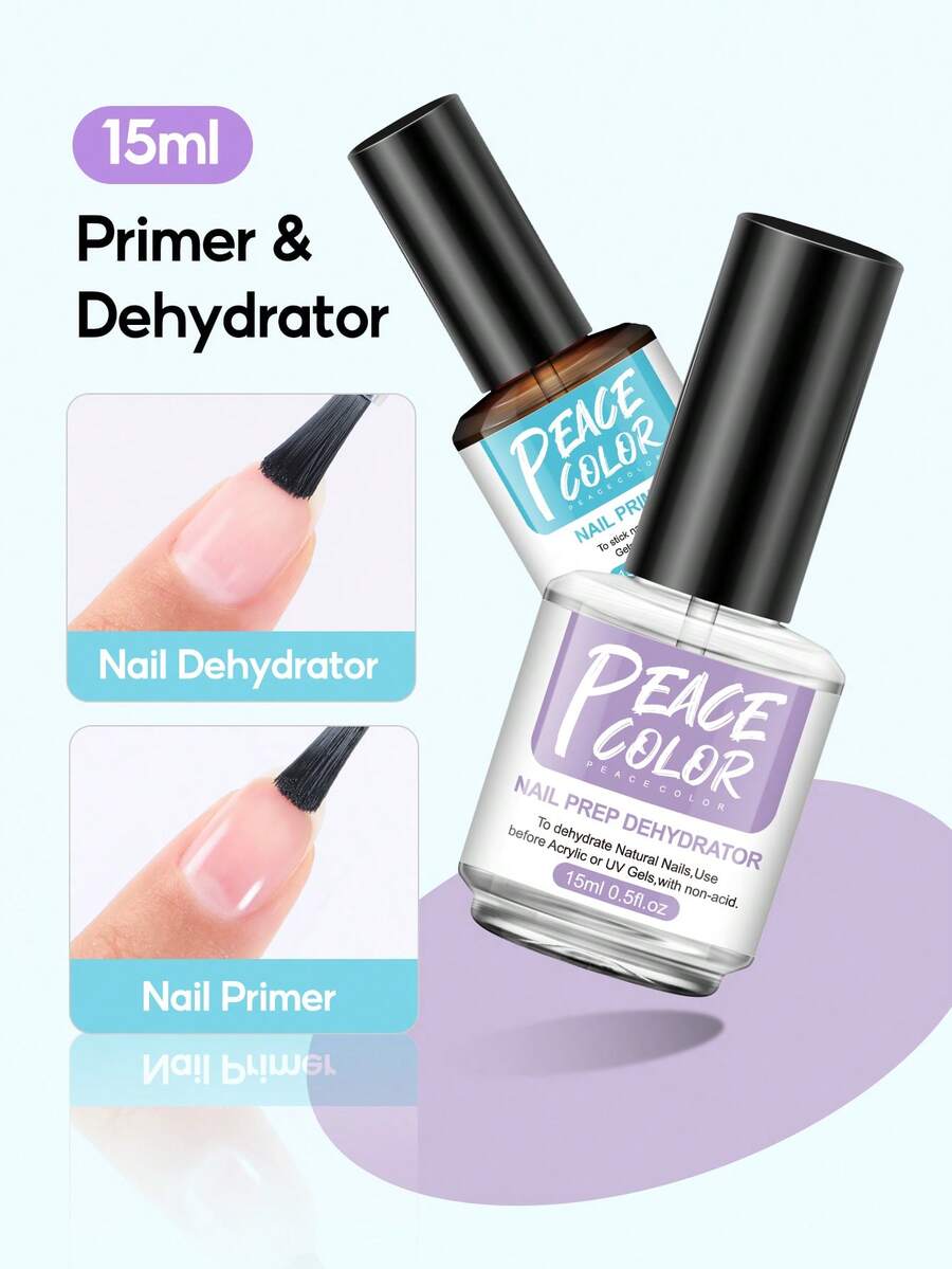 Peacecolor 2PCS Nail Prep Set 15ml Dehydrator And 15ml Primer Bonder Acid Free For Gel Acrylic Nails Soak Off Manicure Summer Vacation Gift For Women