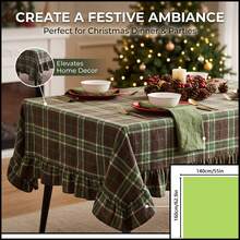 1pc Brown Green Beige Classic Scottish Plaid Tablecloth, Natural Vintage Style Fabric, Rectangular With Ruffle Edge And Pleated Detail, Decorative And Functional For Home Long Table, Suitable For Christmas, Family Dinner, Party And Winter Holiday Home Decor - Dark Green - View 11