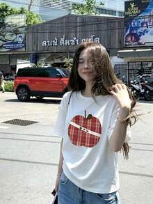 韓式女款寬鬆休閒圓領卡通蘋果水果印花短袖T恤 春夏白色 - 白色 - 查看 7