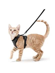 1 Set Cat Harness And Leash, Escape-Proof Soft Adjustable Cat Vest Harness, Easy Control Breathable Reflective Vest - Black - View 12